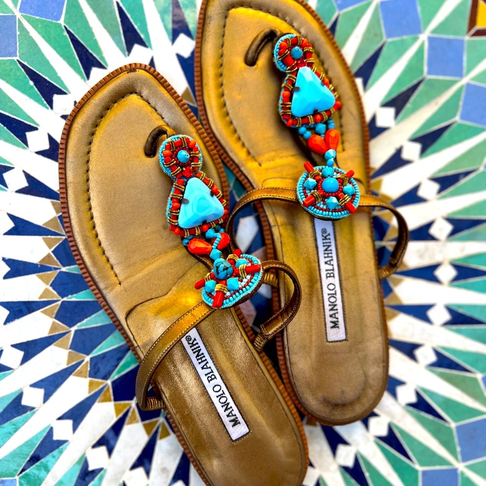 MANOLO BLAHNIK Bronze Leather Jeweled Flats